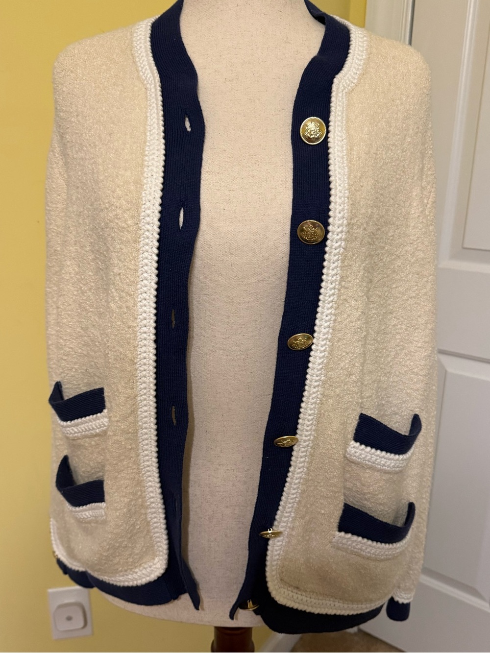 J. Crew Cream Cardigan with Navy Trim and Gold Buttons
